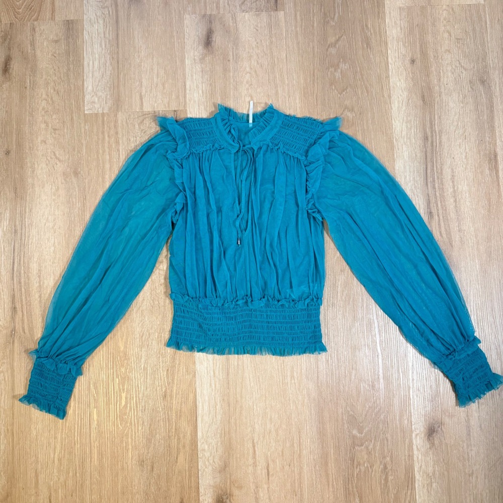 Free People Teal Mesh Ruffle Blouse Smocked Tassels Medium Top Romantic Preppy